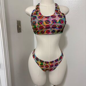 Colorful Abstract Scoop Neck 3pc Bikini Set - Multicolor New without tags Large